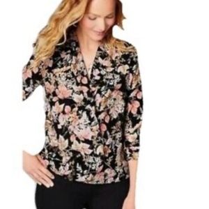 J Jill Size XL Black Pink Floral Long Sleeve Faux Wrap V-neck Blouse Top Blouse